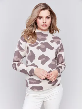 Animal Print Jacquard Mock Neck Sweater - Almond