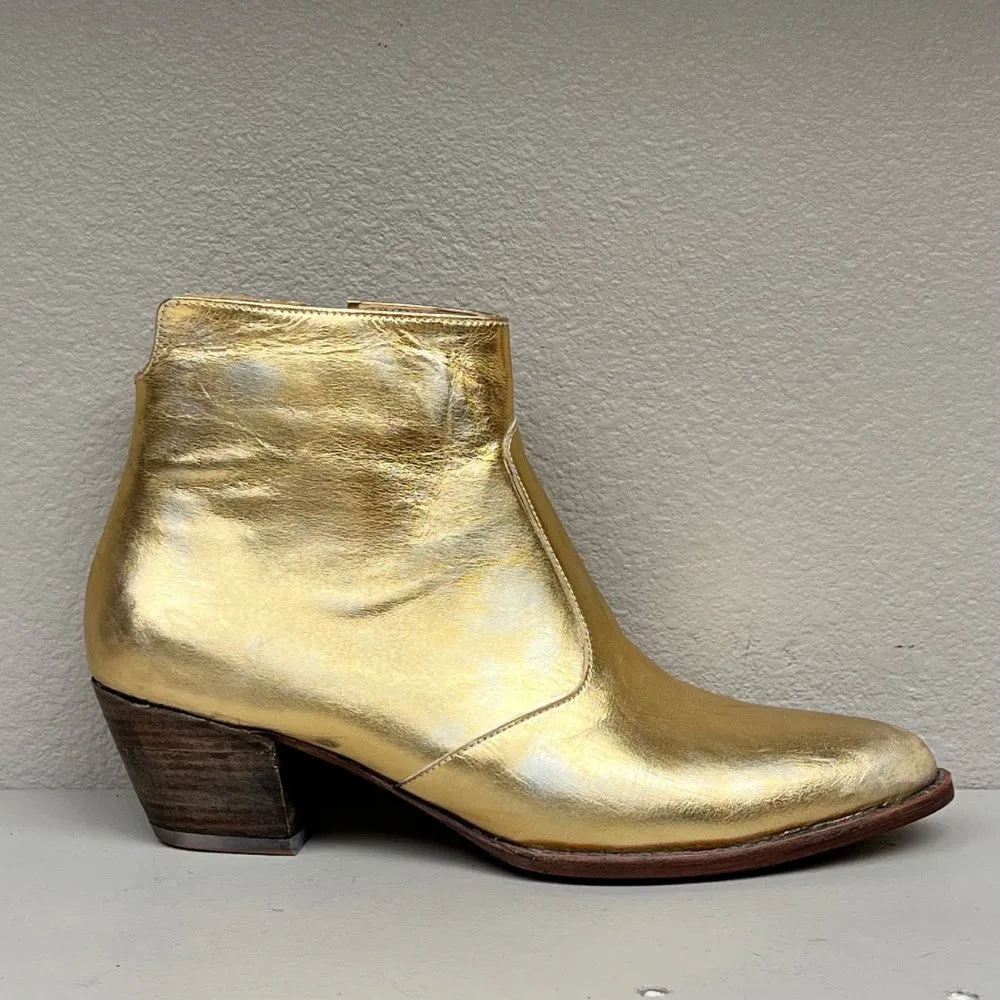 Ankle Boot-Side zip w/ heel/ Gold metallic textured  leather / leather sole