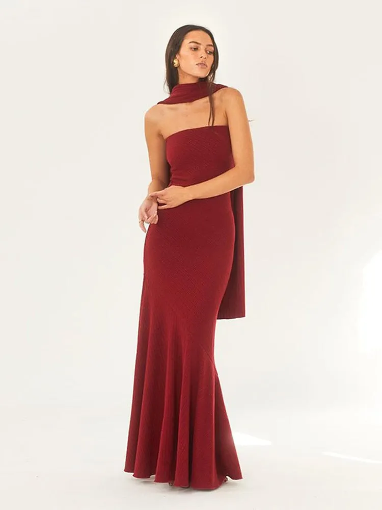 Ashore Shop Red Knitted Strapless Midi Dress With Scarf Sexy