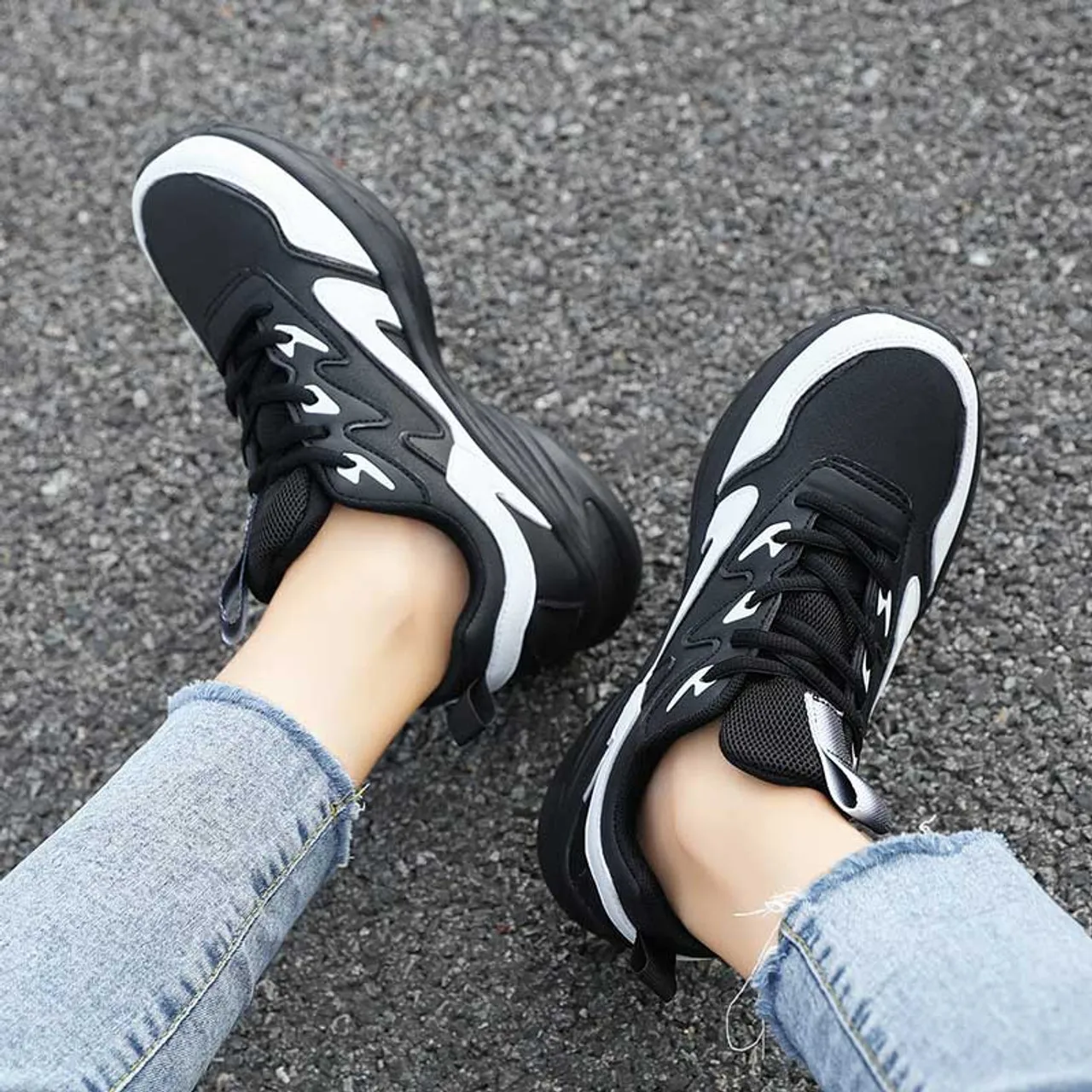 Black white thread accents casual shoe sneaker