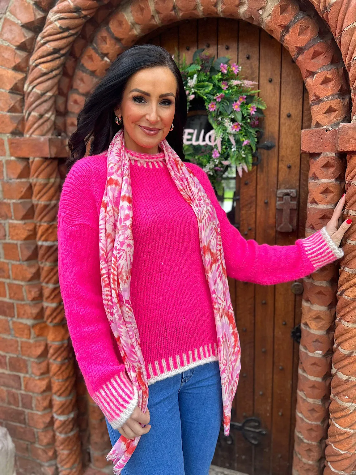 Bright Pink High Neck Detailed Knit Eden