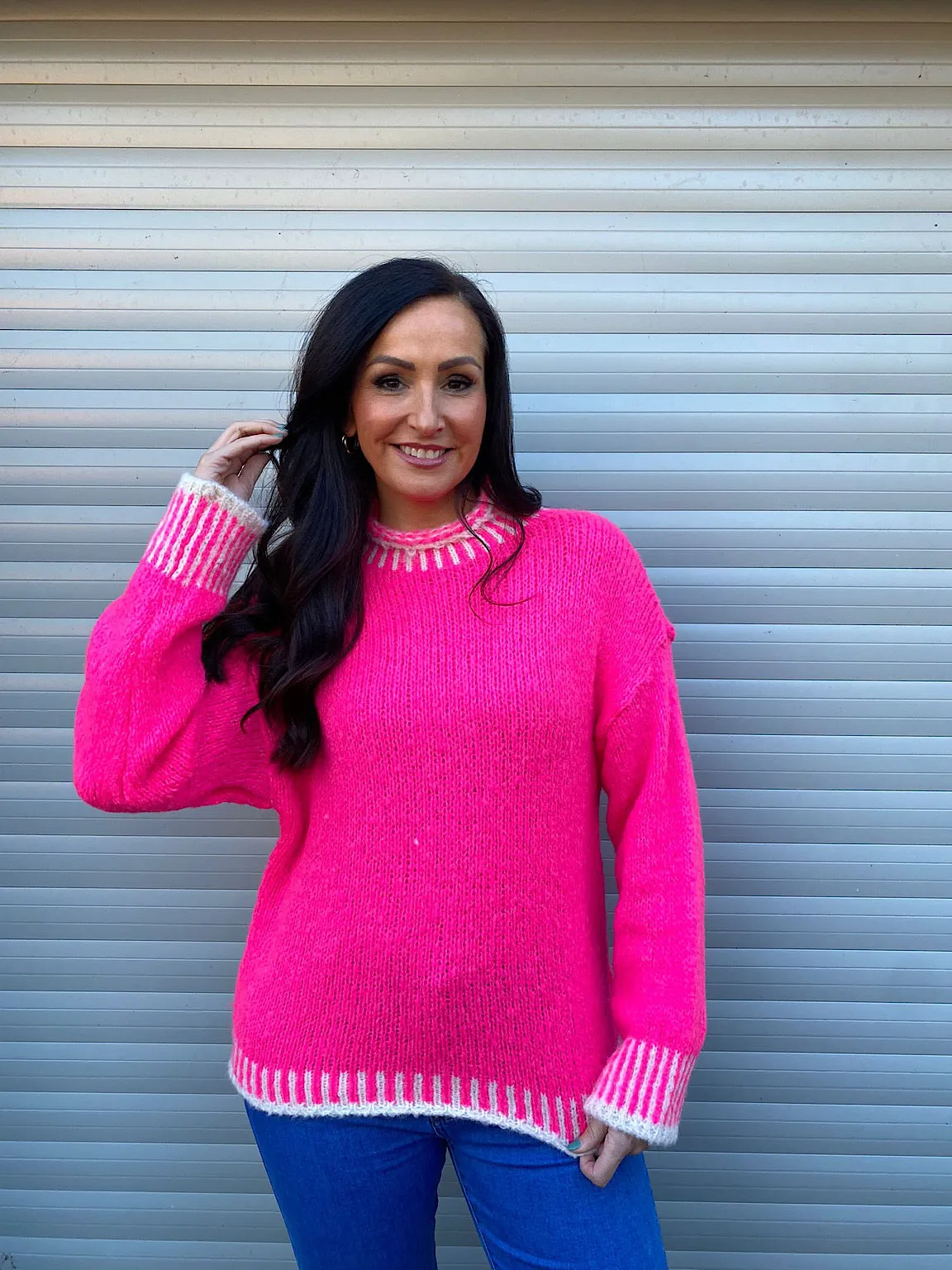 Bright Pink High Neck Detailed Knit Eden