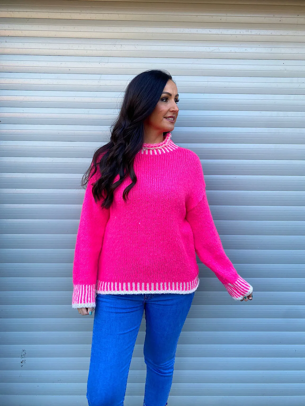 Bright Pink High Neck Detailed Knit Eden