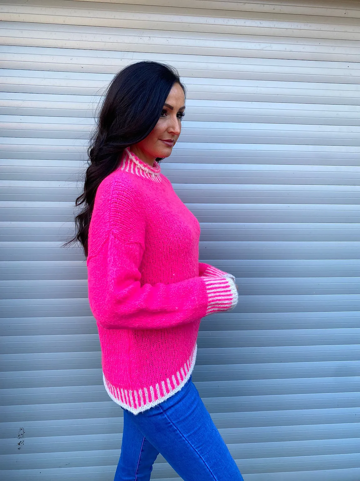 Bright Pink High Neck Detailed Knit Eden