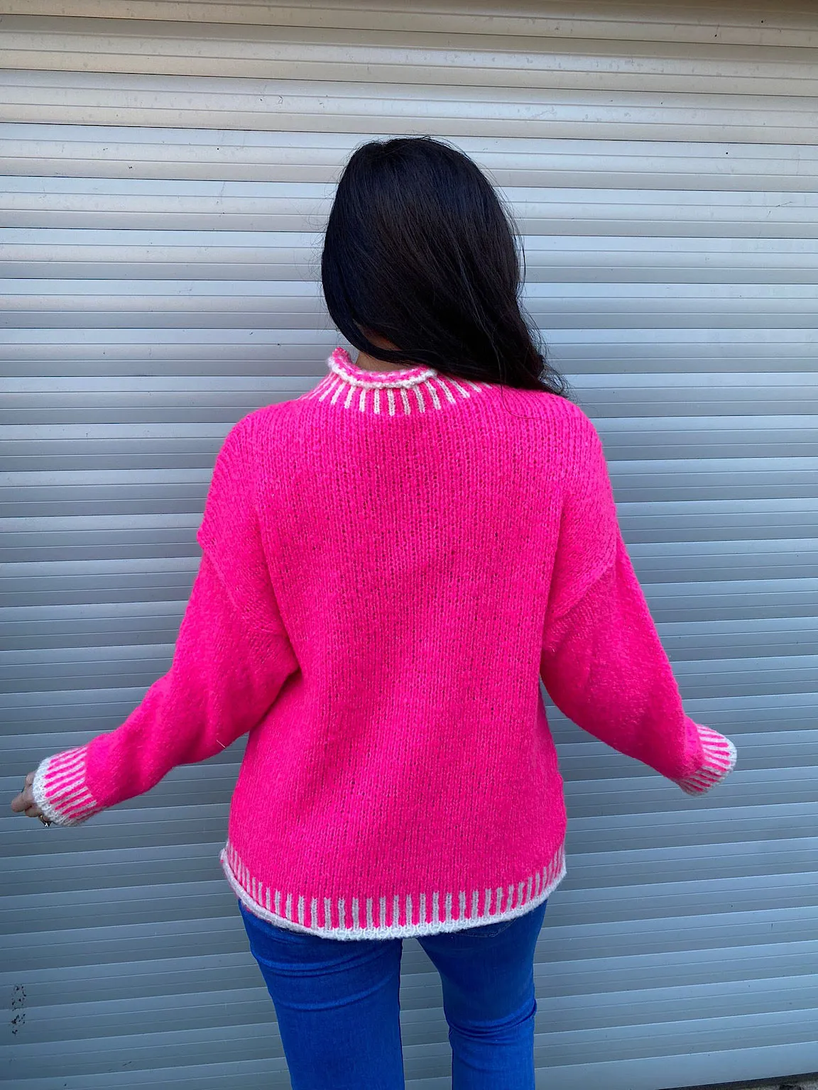 Bright Pink High Neck Detailed Knit Eden