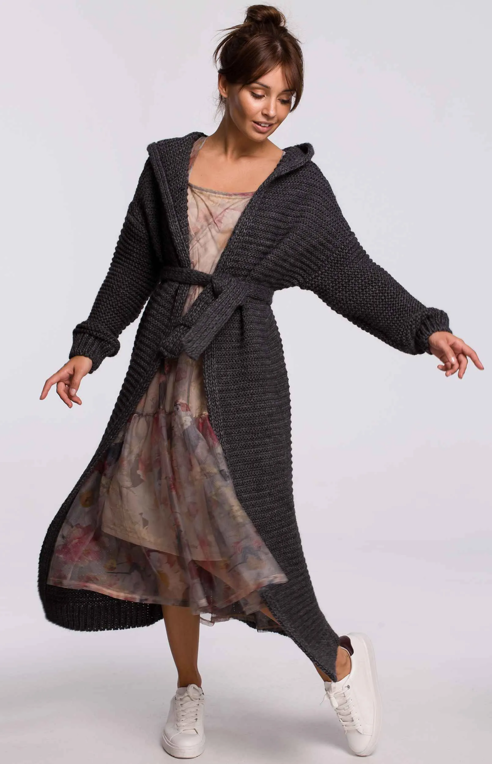 Cardigan maxi à capuche gris graphite