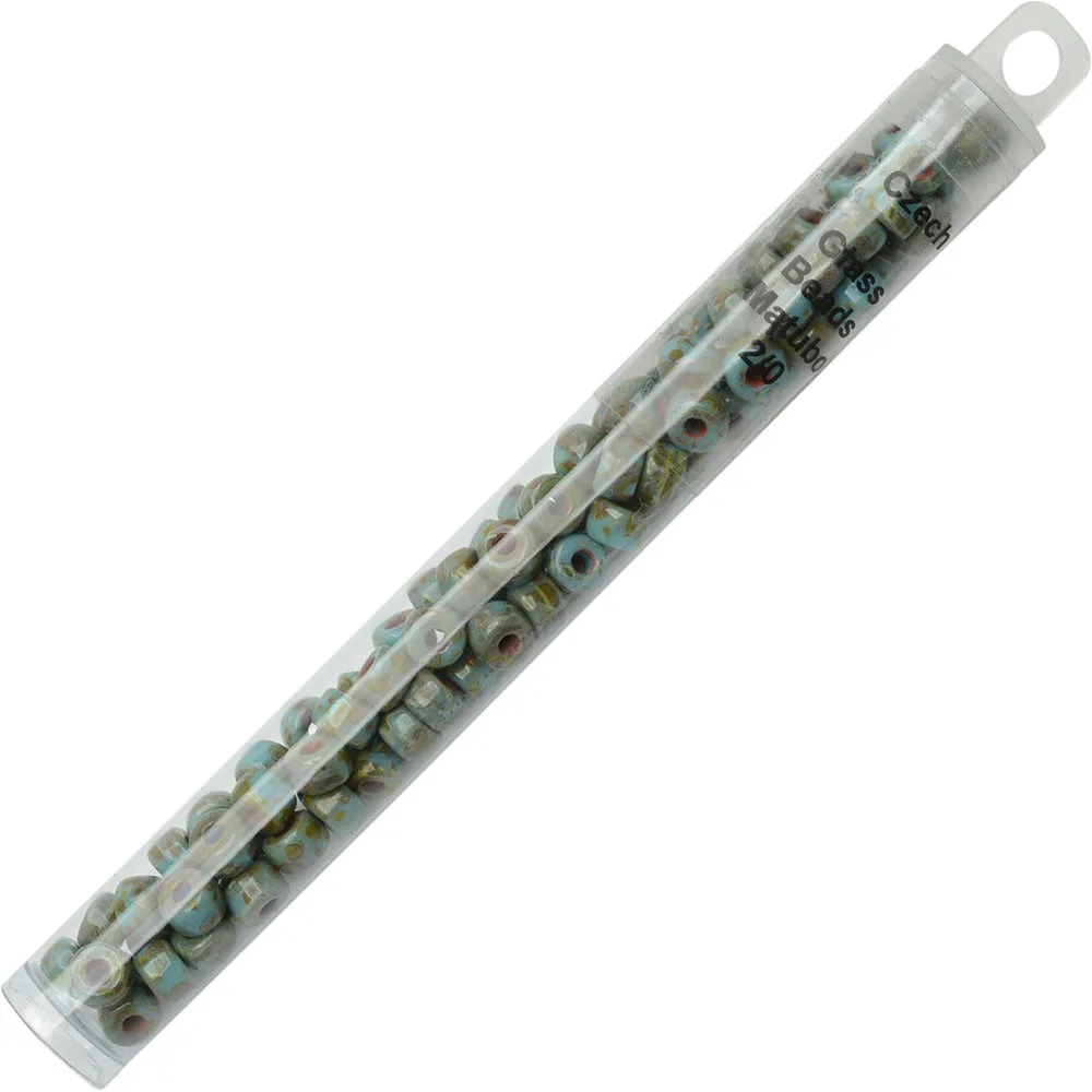 Czech Glass Matubo, 2/0 Seed Bead, Turquoise Blue Travertine (20 Gram Tube)