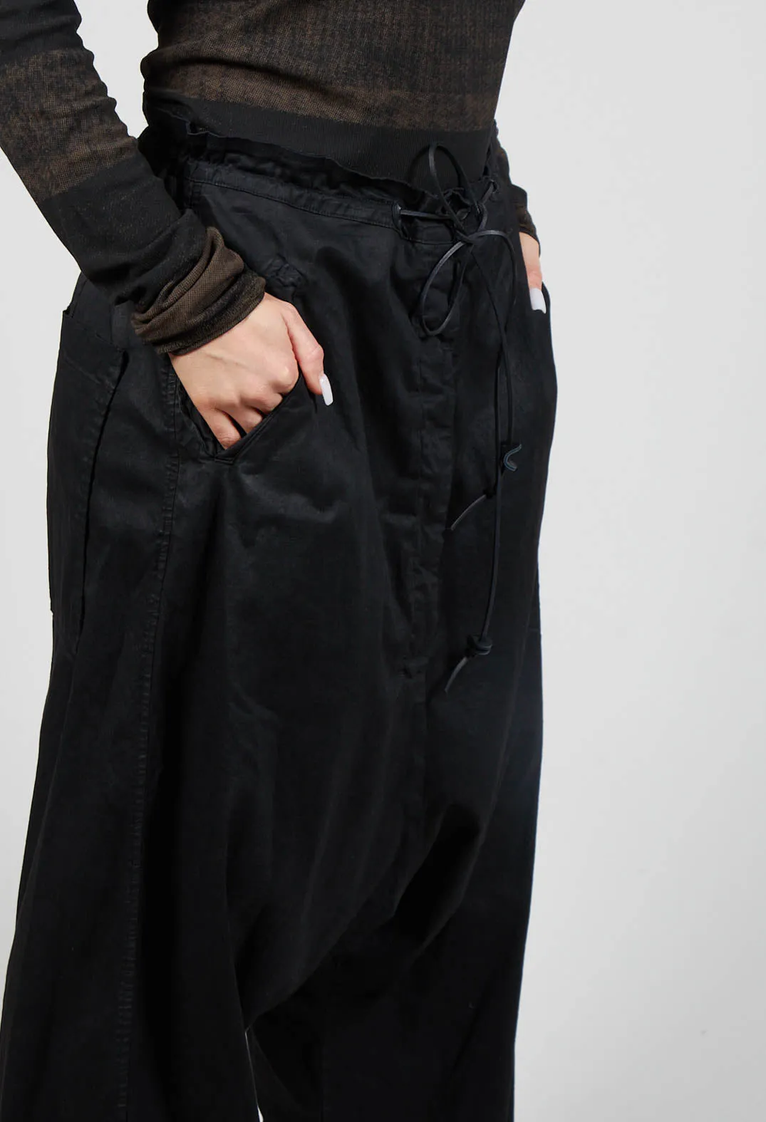 Drawstring Drop Crotch Trousers in Black