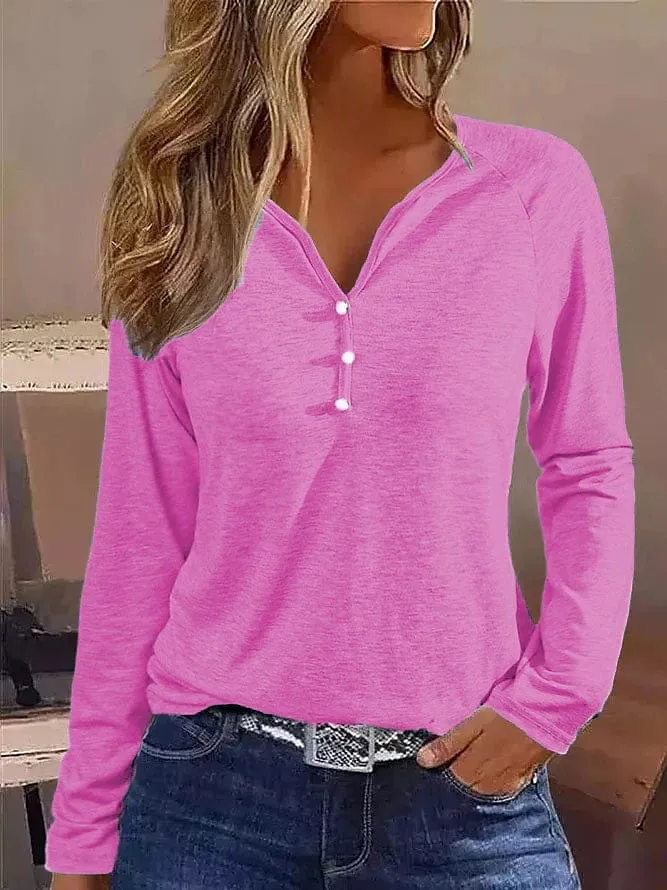 Elegant Women's Long Sleeve Henley T-Shirt for Fall & Winter