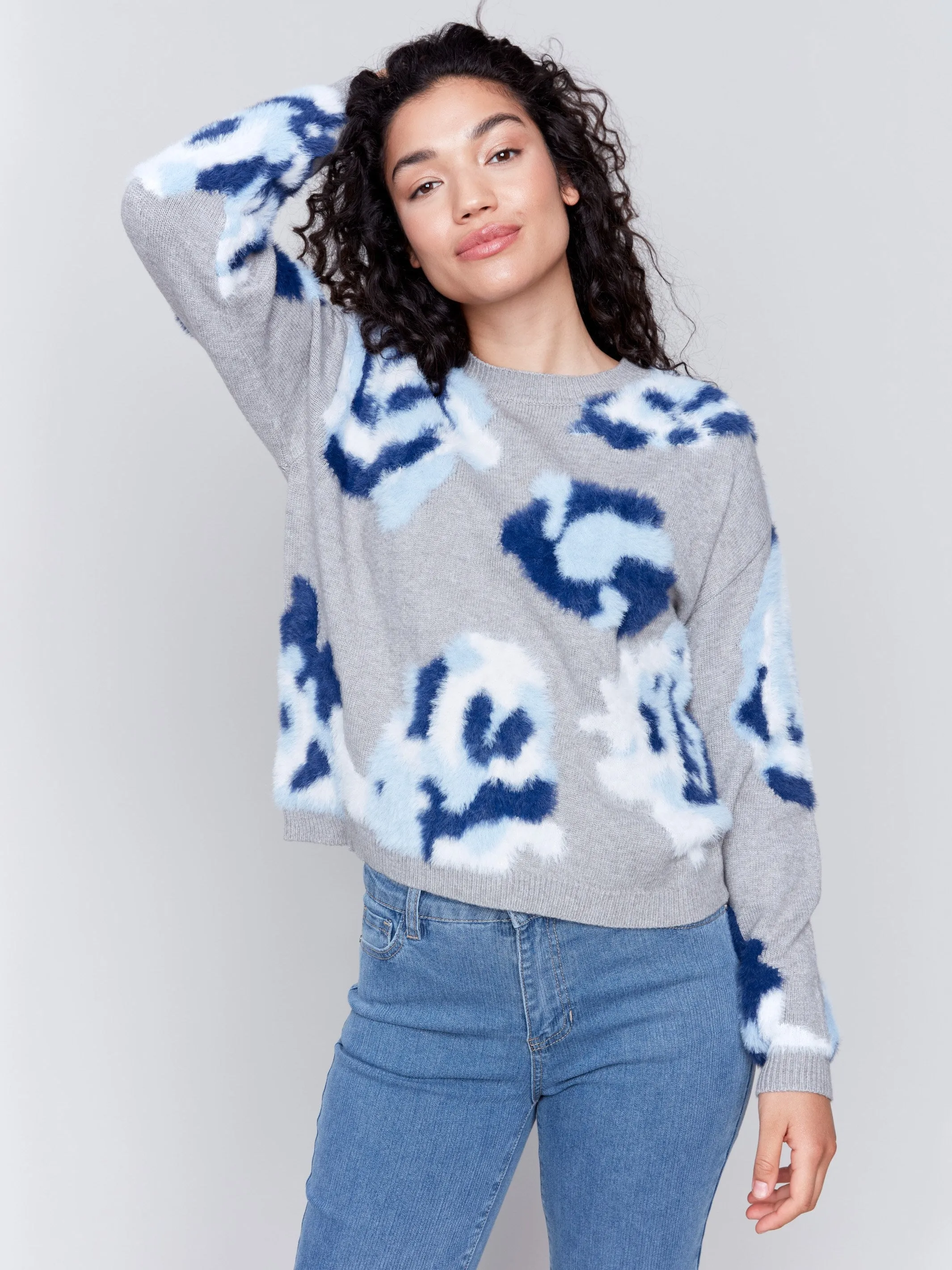 Fuzzy Floral Jacquard Knit Sweater - Light Grey