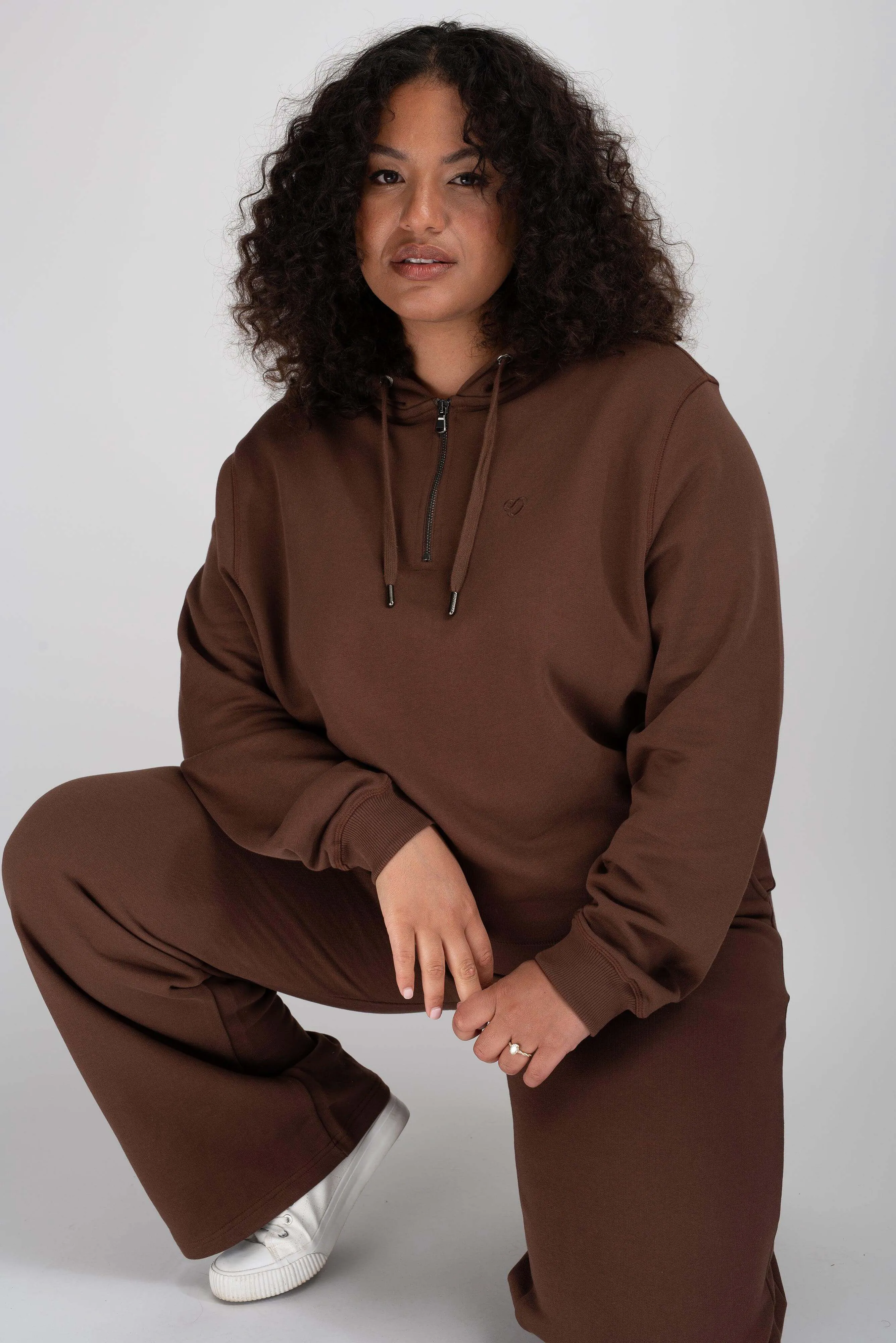 Half Zip Hoodie in Chocolate Brown