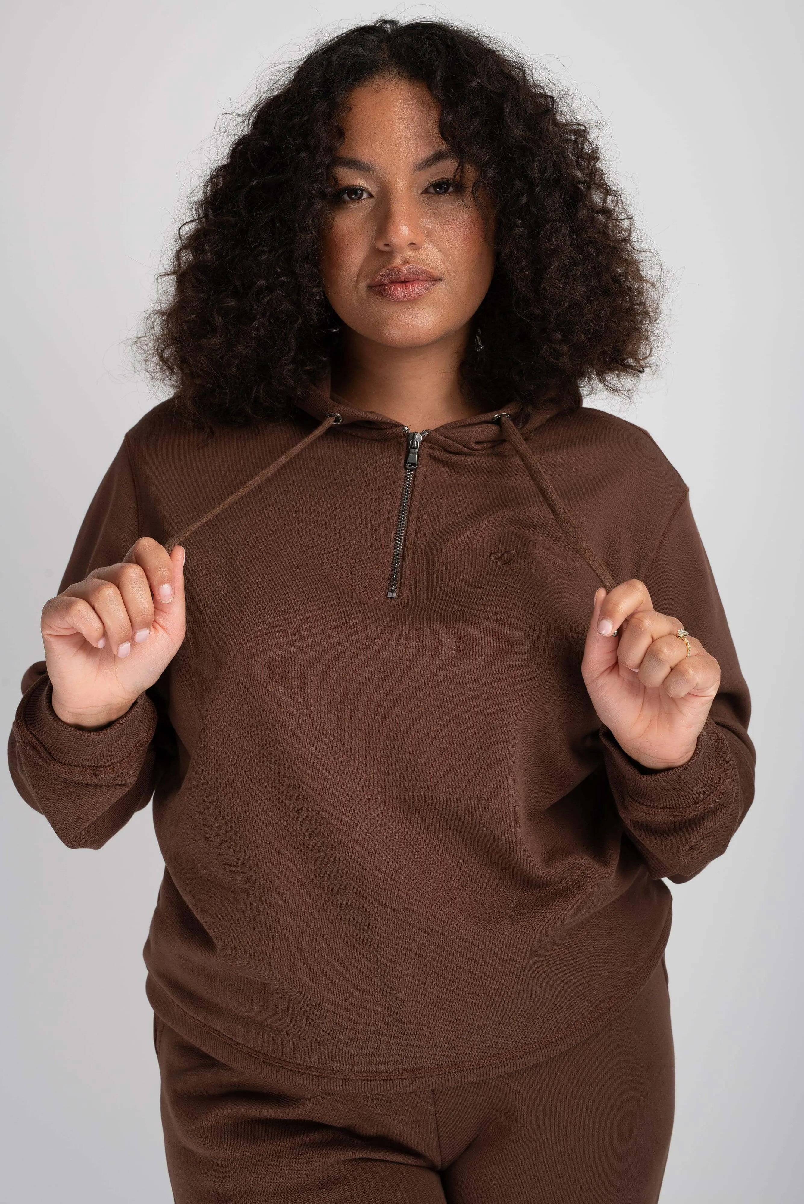 Half Zip Hoodie in Chocolate Brown