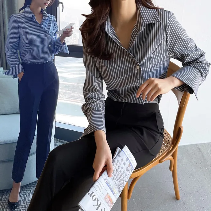 I AM MARI  |Stripes Long Sleeves Cotton Party Style Office Style