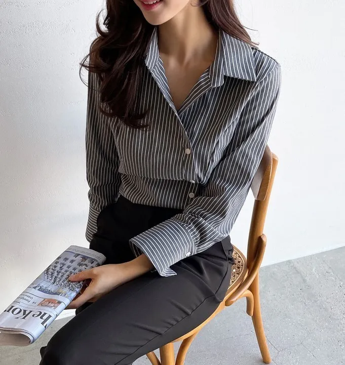 I AM MARI  |Stripes Long Sleeves Cotton Party Style Office Style