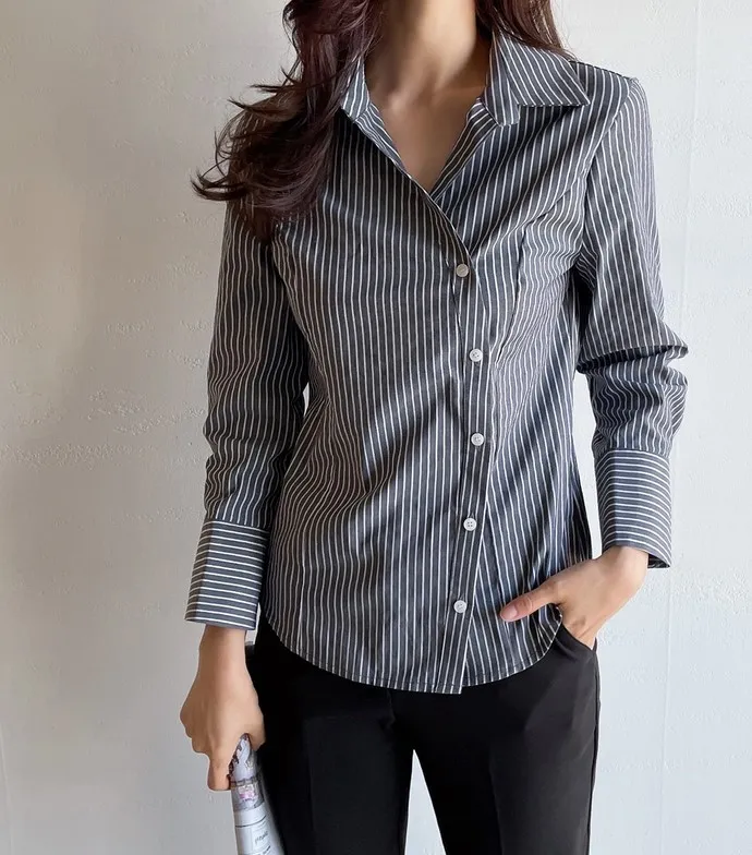 I AM MARI  |Stripes Long Sleeves Cotton Party Style Office Style