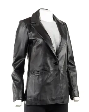 Ladies Black One Button Leather Blazer: Mirabella