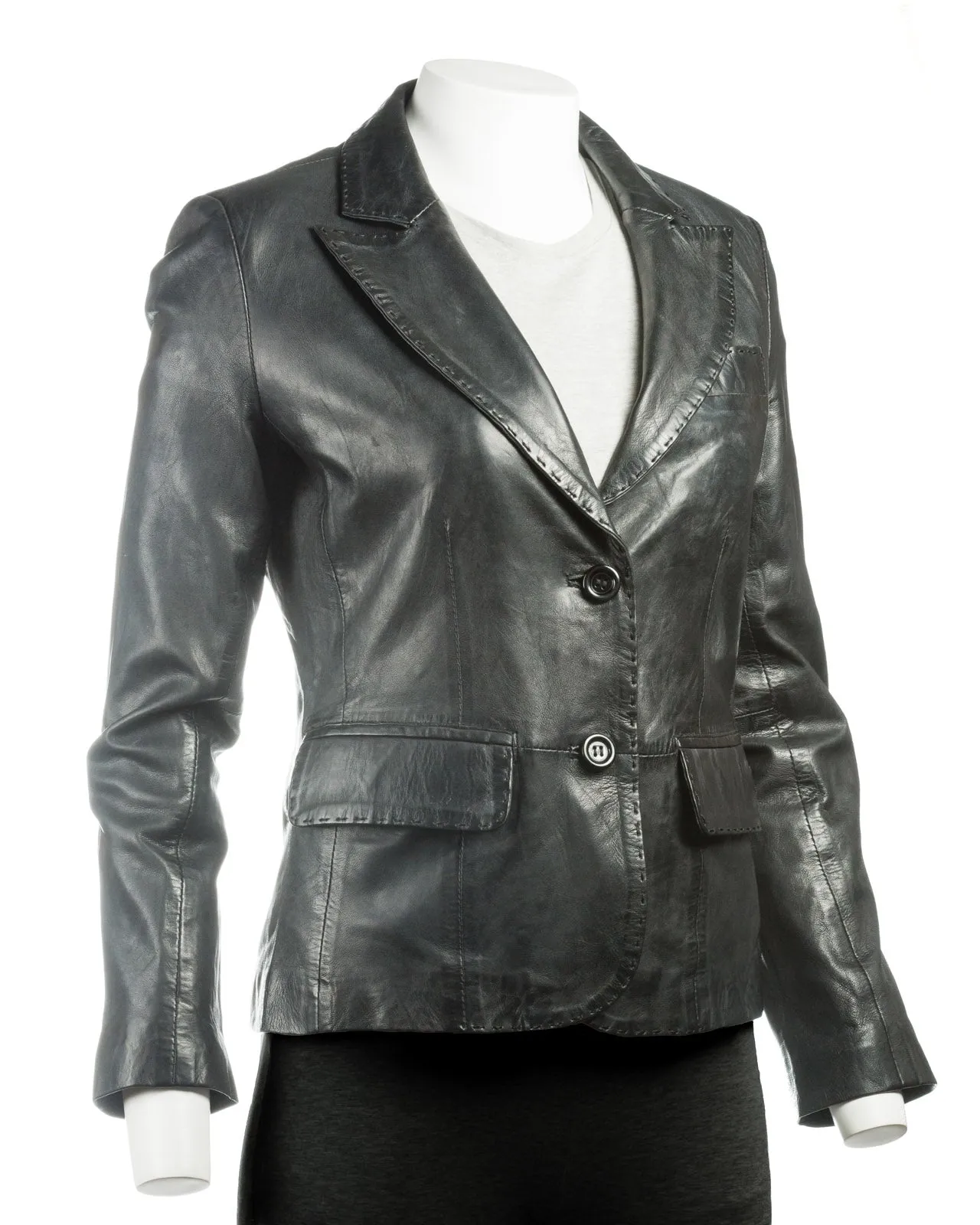 Ladies Black Short Two Button Leather Blazer: Bella