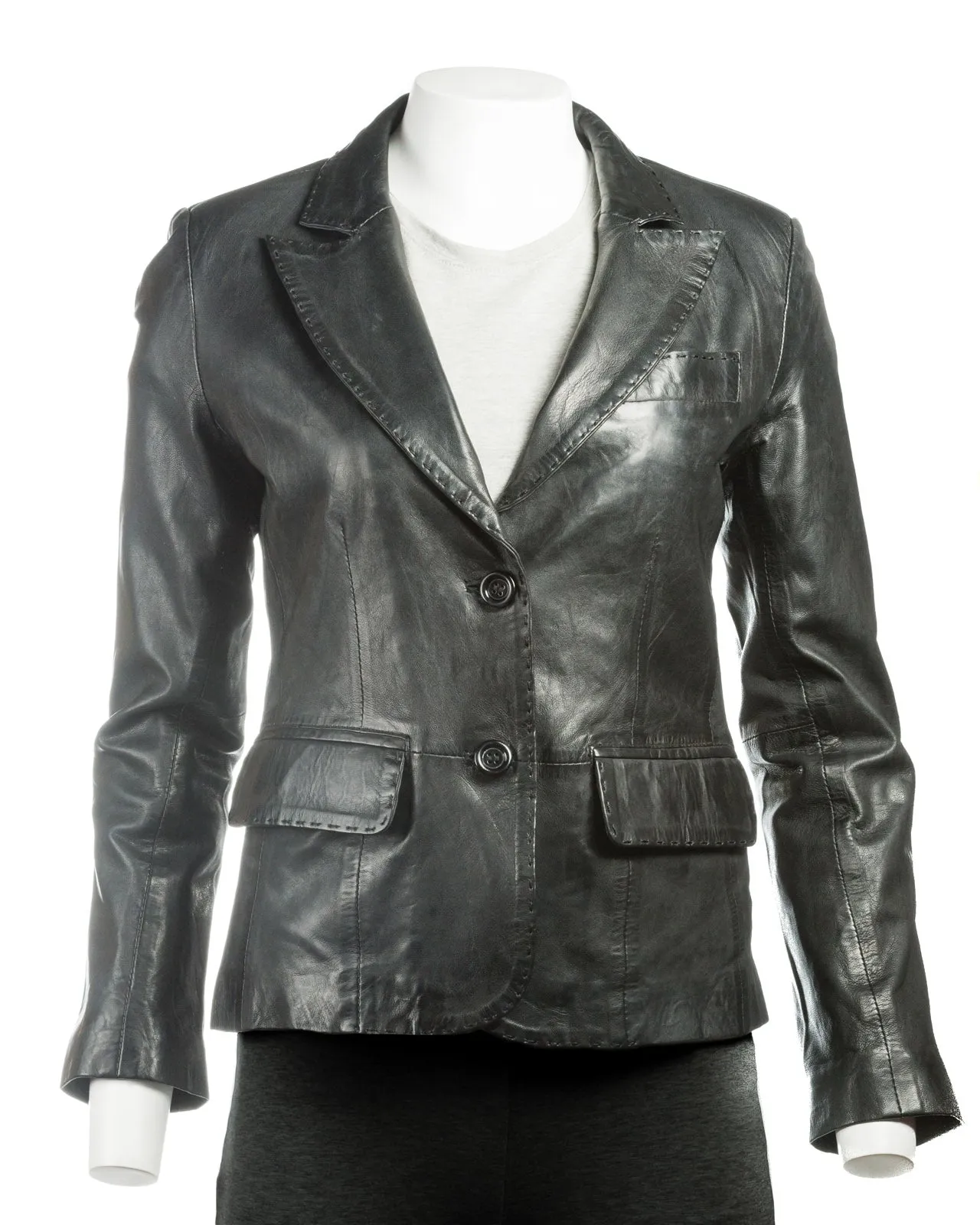 Ladies Black Short Two Button Leather Blazer: Bella