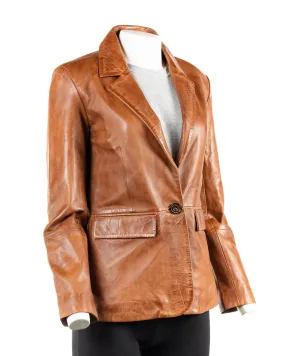 Ladies Charm Exclusive Cognac One Button Leather Blazer: Mirabelle