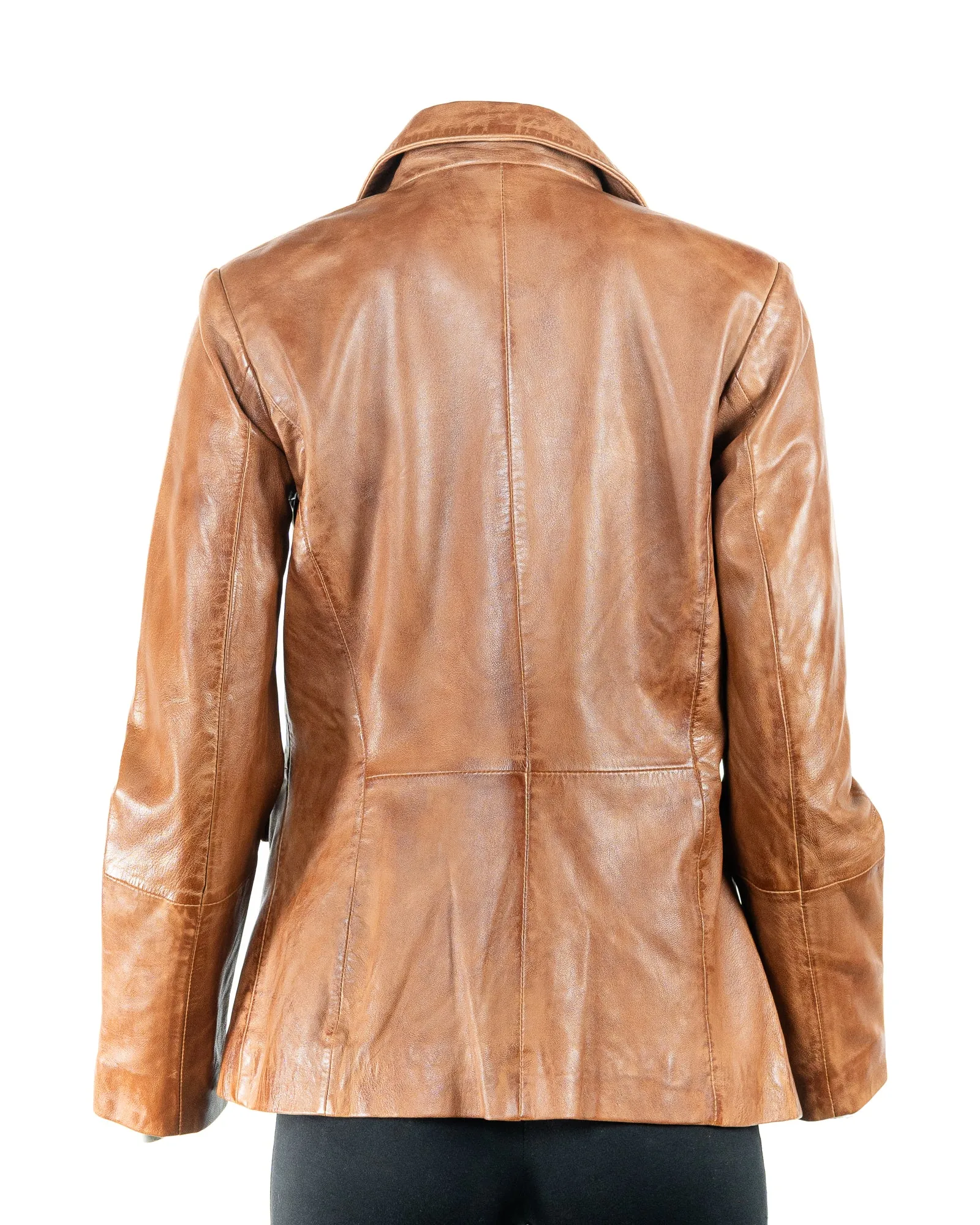 Ladies Charm Exclusive Cognac One Button Leather Blazer: Mirabelle