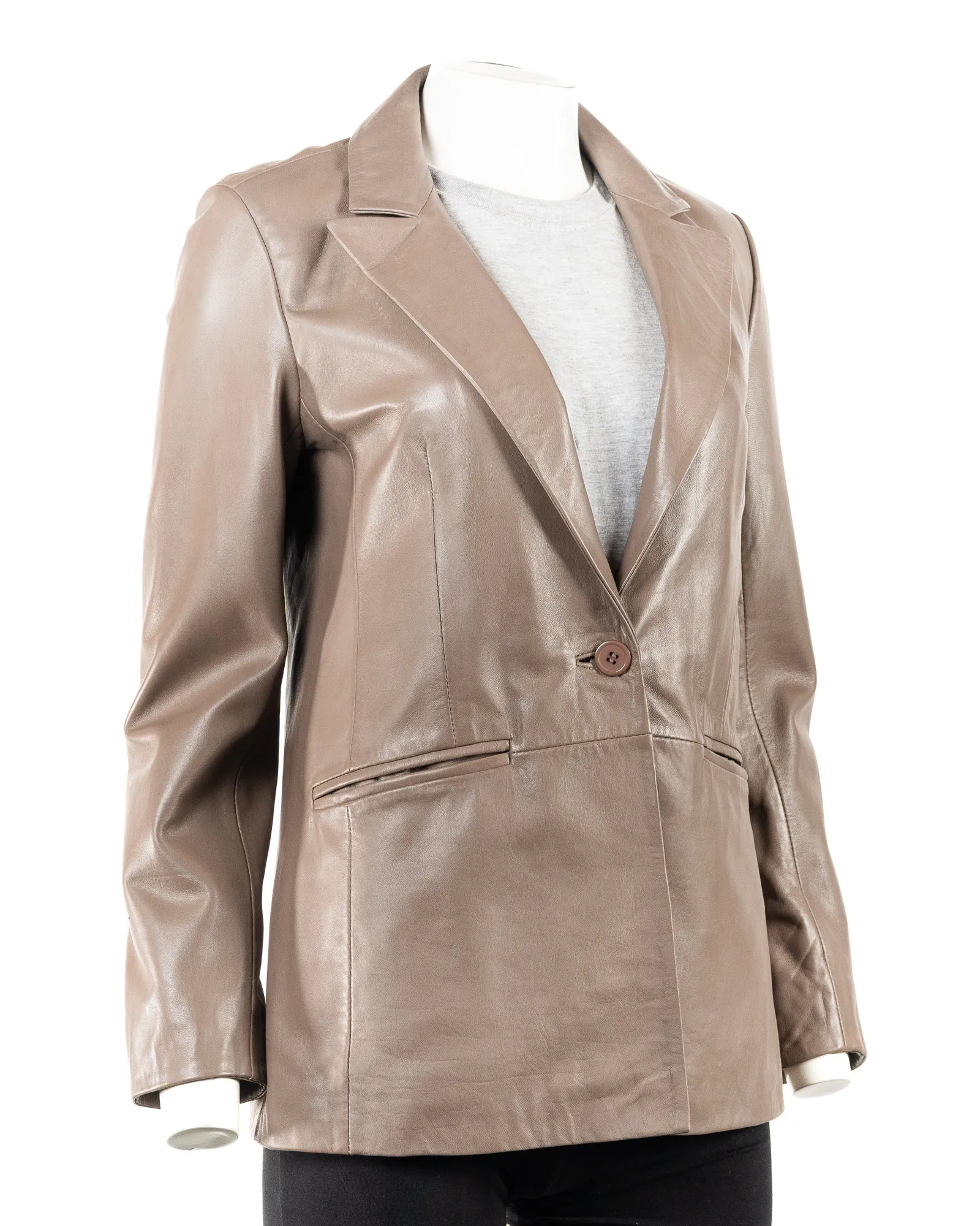 Ladies Taupe One Button Leather Blazer: Mirabella