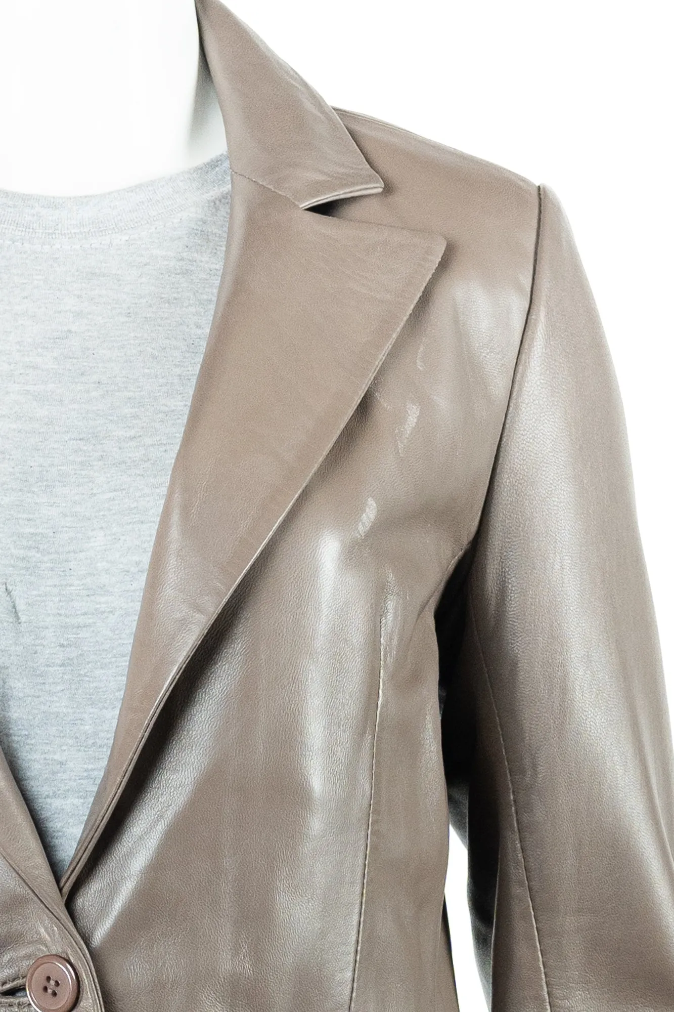 Ladies Taupe One Button Leather Blazer: Mirabella