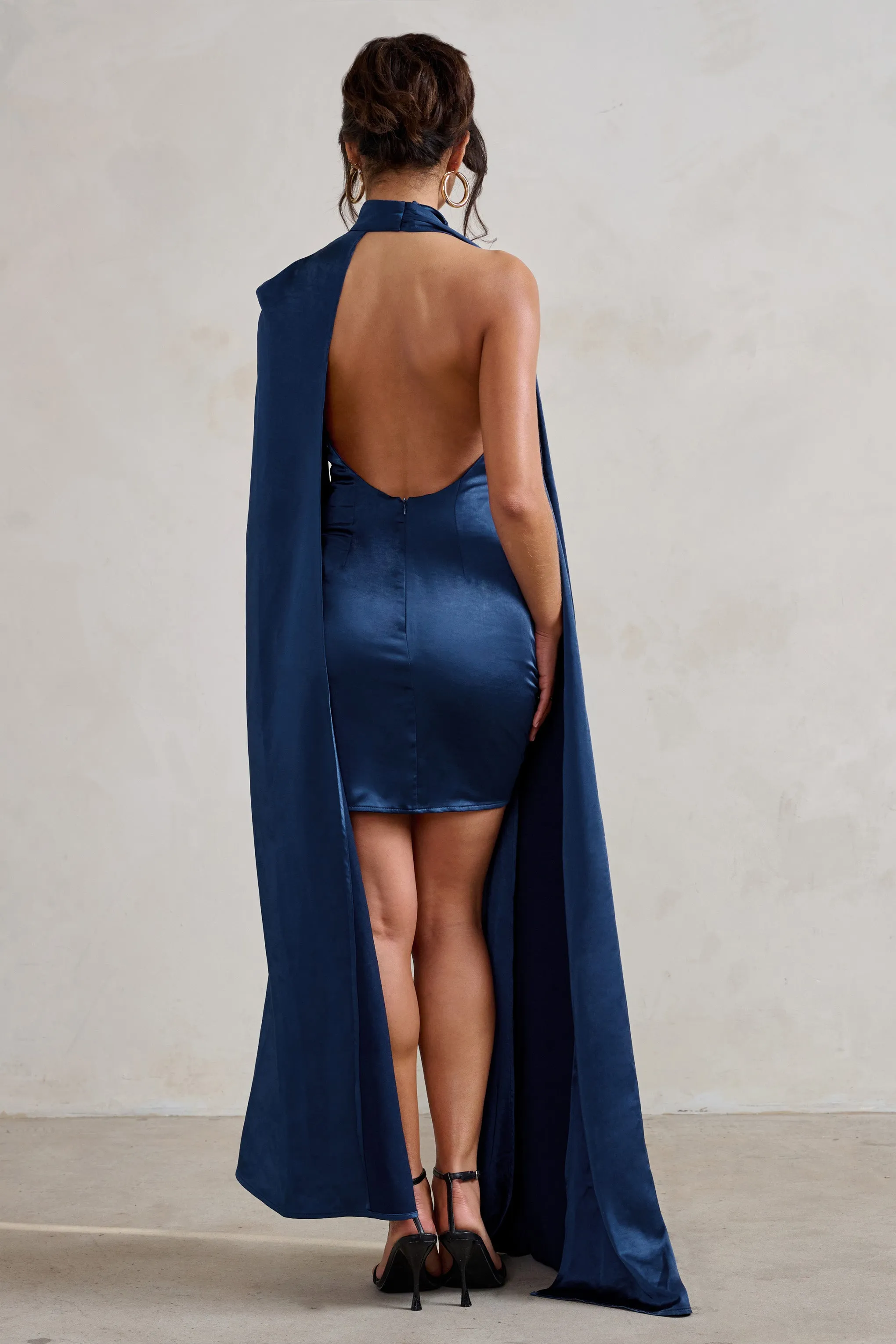 Laurelie | Navy Satin Statement Cape Design Mini Dress