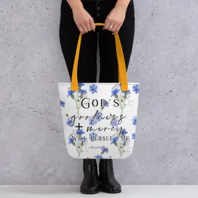 Limited Edition Premium Tote Bag - God's Goodness + Mercy Will Pursue Me (Design: Blue Floral)