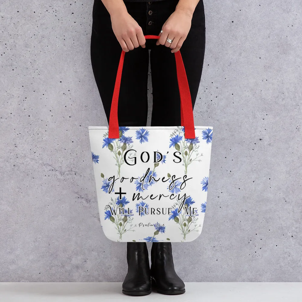 Limited Edition Premium Tote Bag - God's Goodness + Mercy Will Pursue Me (Design: Blue Floral)