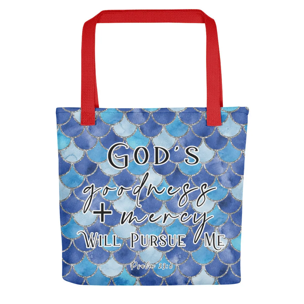 Limited Edition Premium Tote Bag - God's Goodness + Mercy Will Pursue Me (Design: Mermaid Scales Blue)