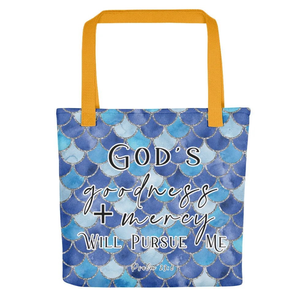 Limited Edition Premium Tote Bag - God's Goodness + Mercy Will Pursue Me (Design: Mermaid Scales Blue)