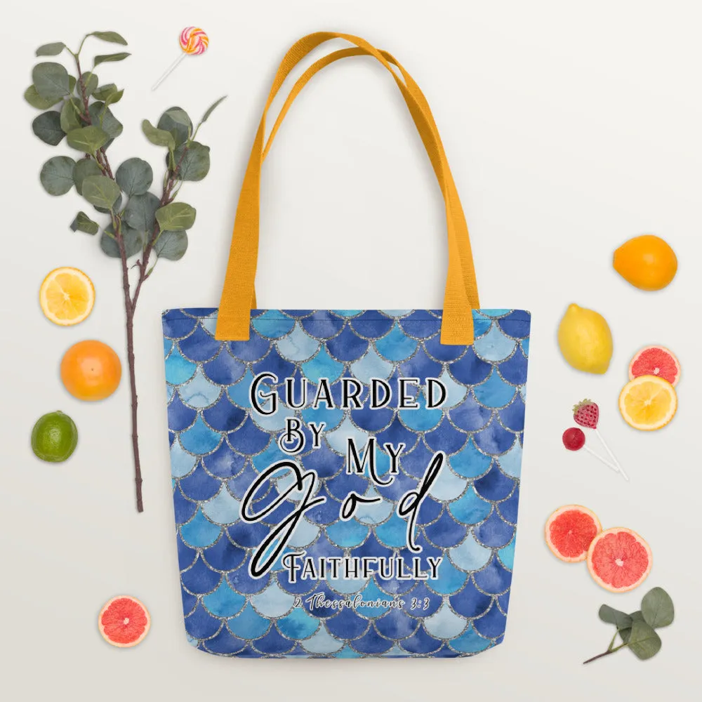 Limited Edition Premium Tote Bag - Guarded By My God Faithfully (Design: Mermaid Scales Blue)