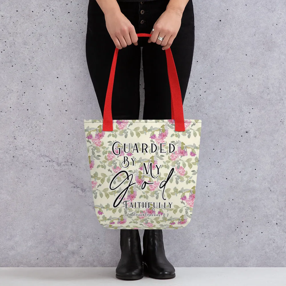 Limited Edition Premium Tote Bag - Guarded By My God Faithfully (Design: Red Floral)