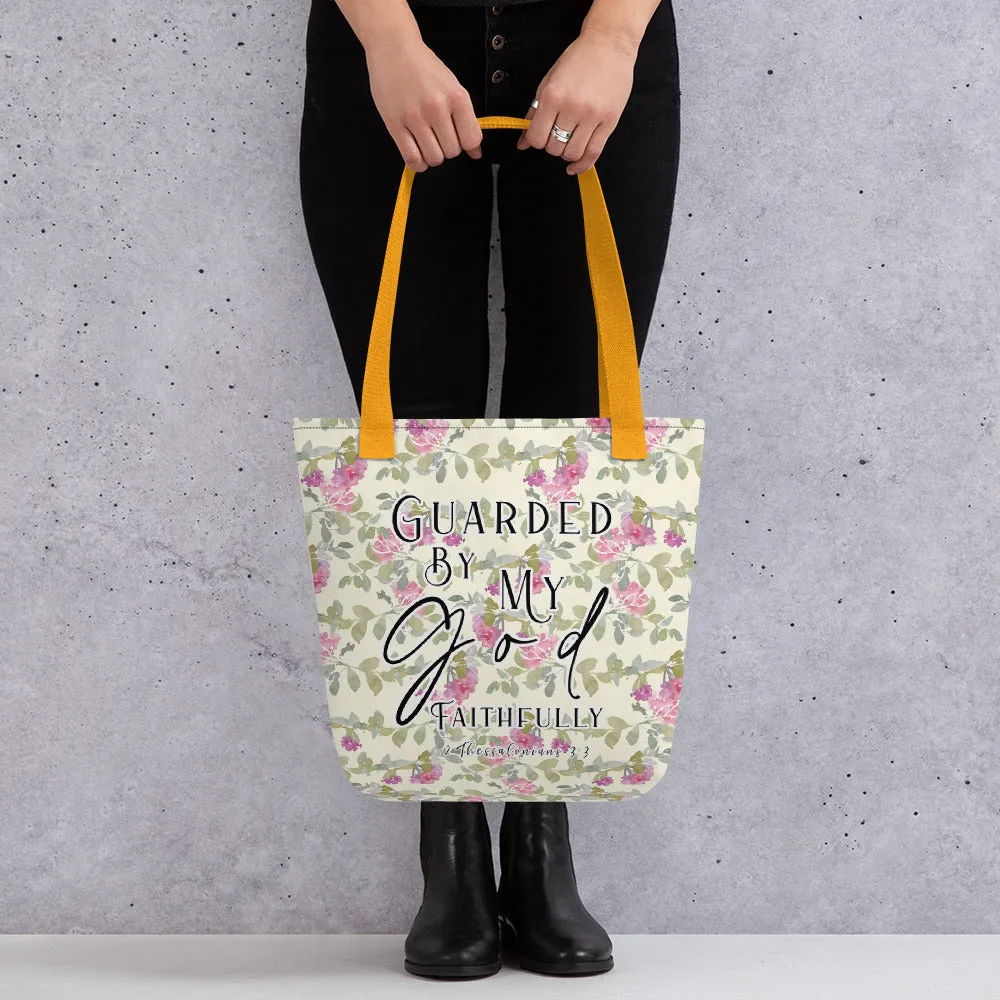 Limited Edition Premium Tote Bag - Guarded By My God Faithfully (Design: Red Floral)