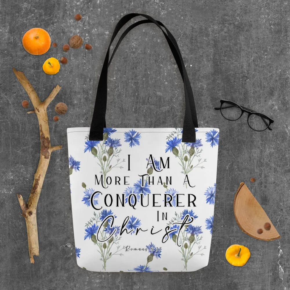 Limited Edition Premium Tote Bag - I Am More Than A Conquerer In Christ (Design: Blue Floral)