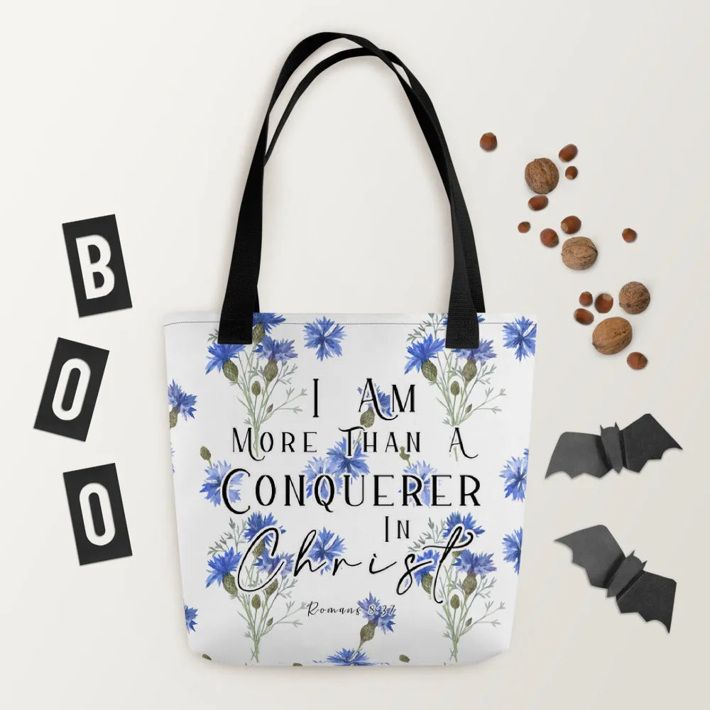 Limited Edition Premium Tote Bag - I Am More Than A Conquerer In Christ (Design: Blue Floral)