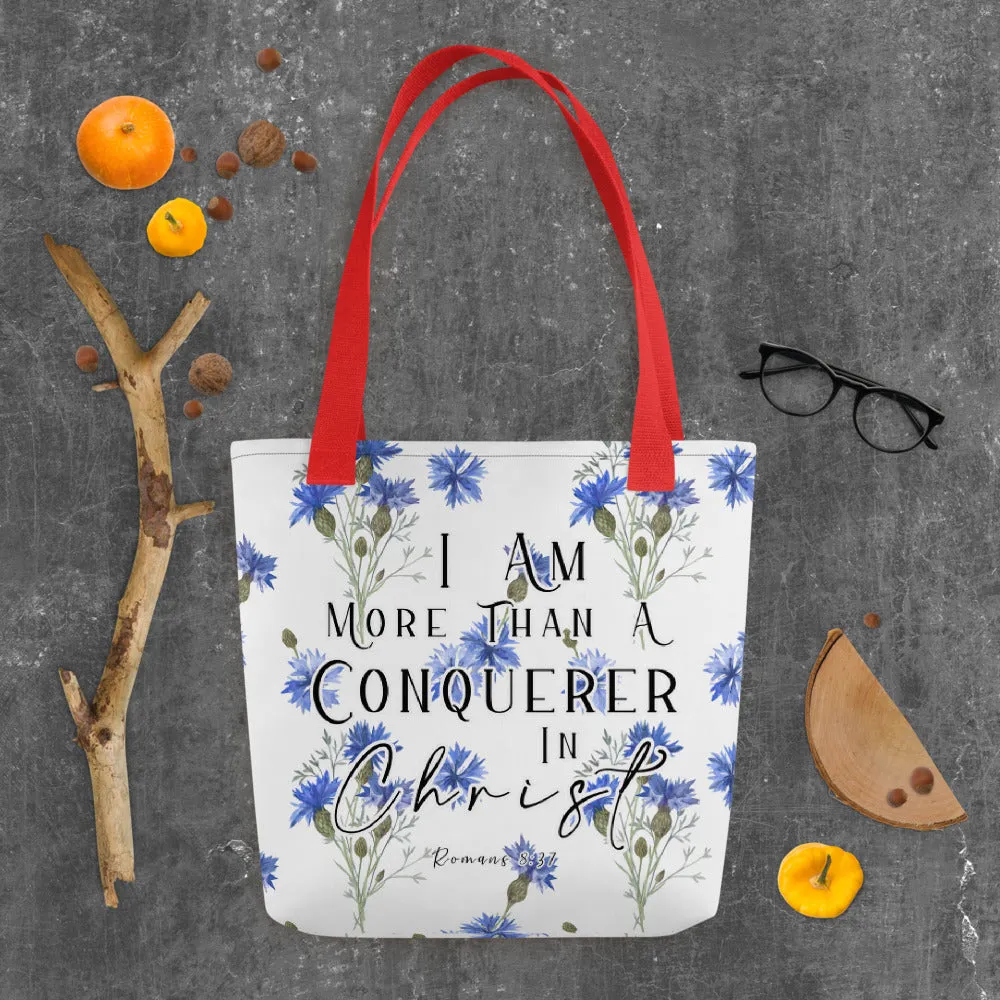 Limited Edition Premium Tote Bag - I Am More Than A Conquerer In Christ (Design: Blue Floral)