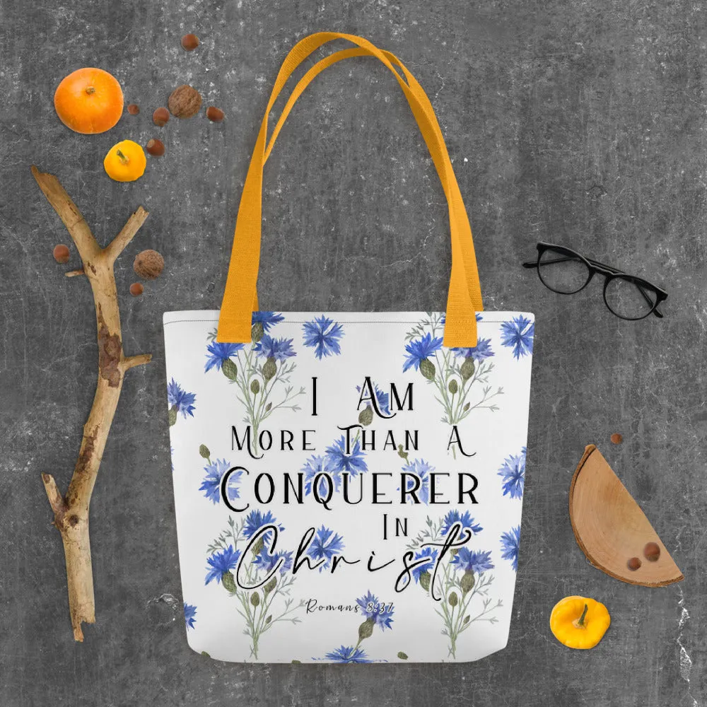 Limited Edition Premium Tote Bag - I Am More Than A Conquerer In Christ (Design: Blue Floral)