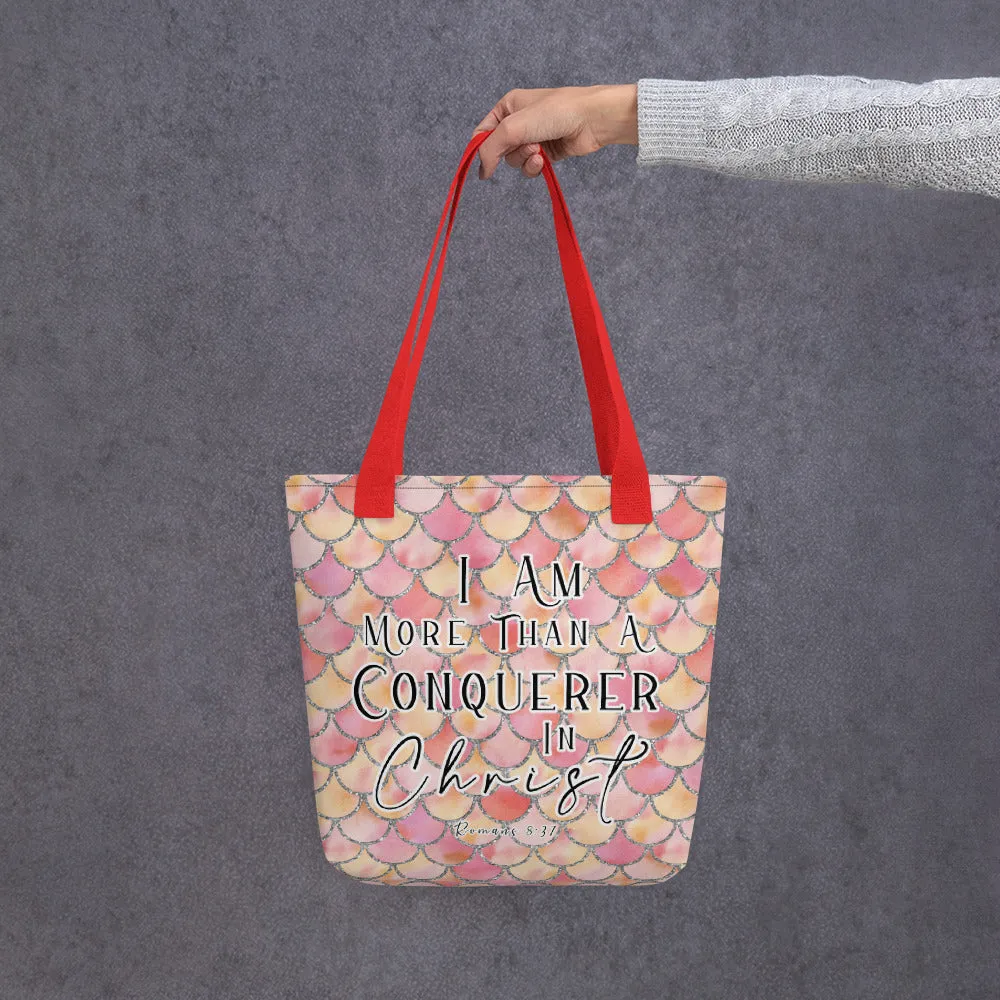 Limited Edition Premium Tote Bag - I Am More Than A Conquerer In Christ (Design: Mermaid Scales Pink)