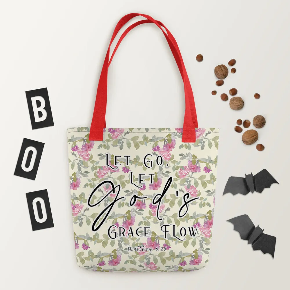 Limited Edition Premium Tote Bag - Let Go, Let God's Grace Flow (Design: Red Floral)