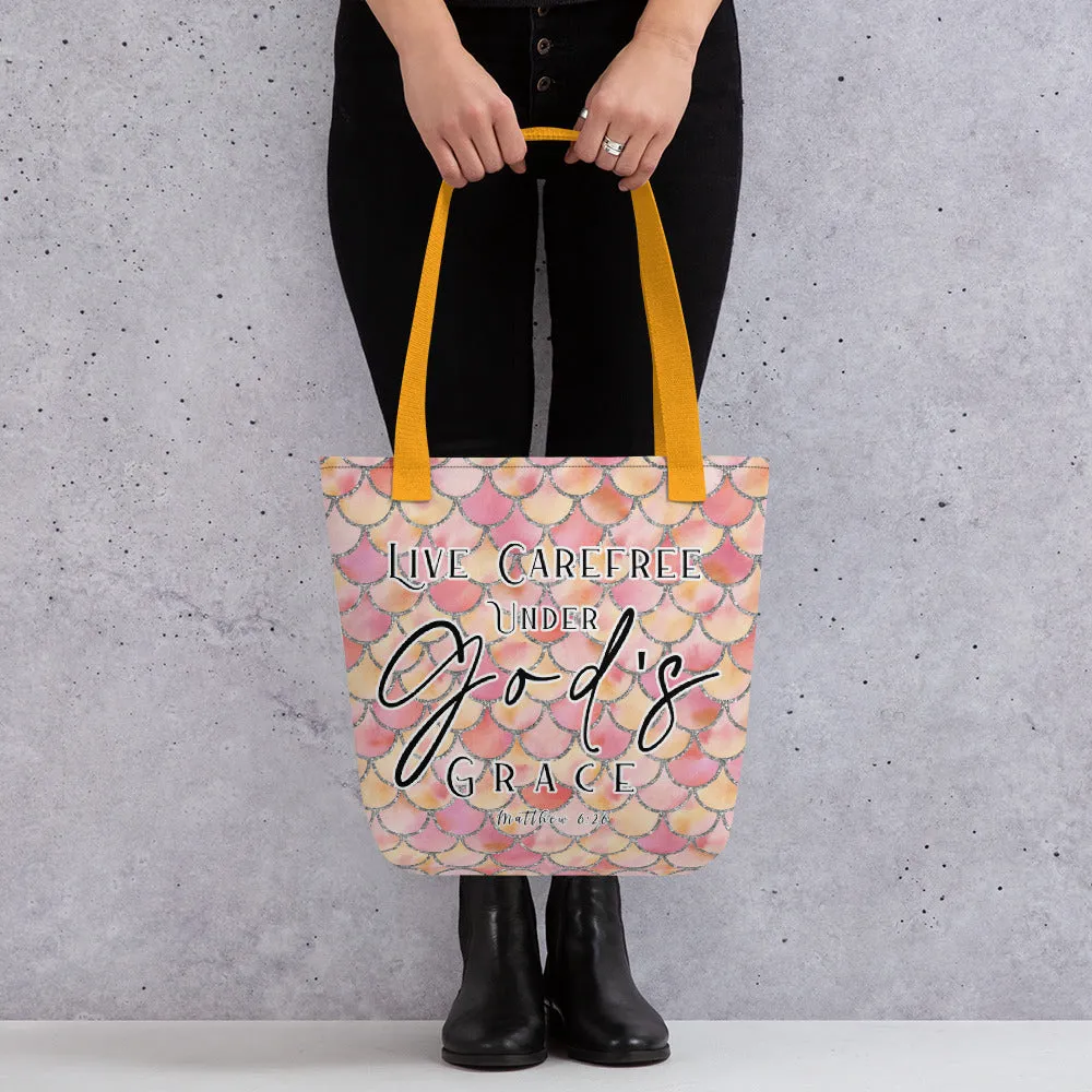 Limited Edition Premium Tote Bag - Live Carefree Under God's Grace (Design: Mermaid Scales Pink)