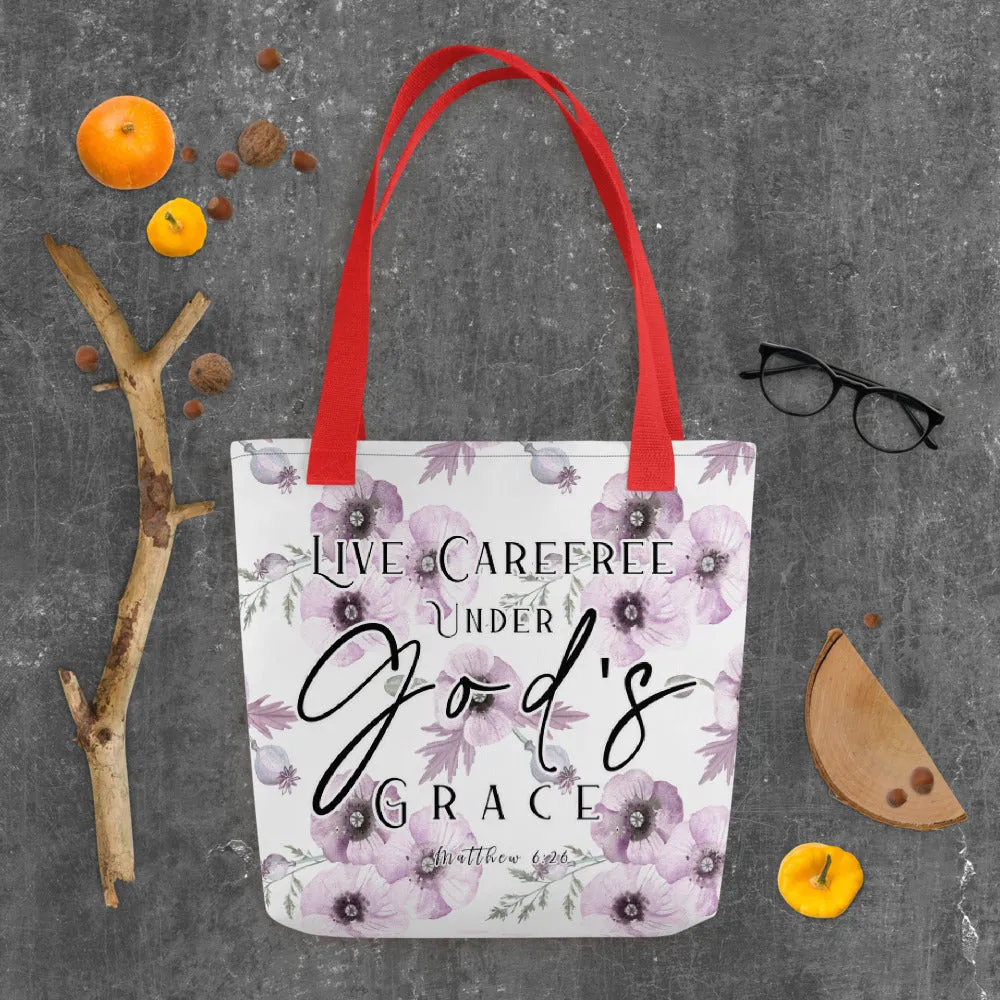 Limited Edition Premium Tote Bag - Live Carefree Under God's Grace (Design: Purple Flower)