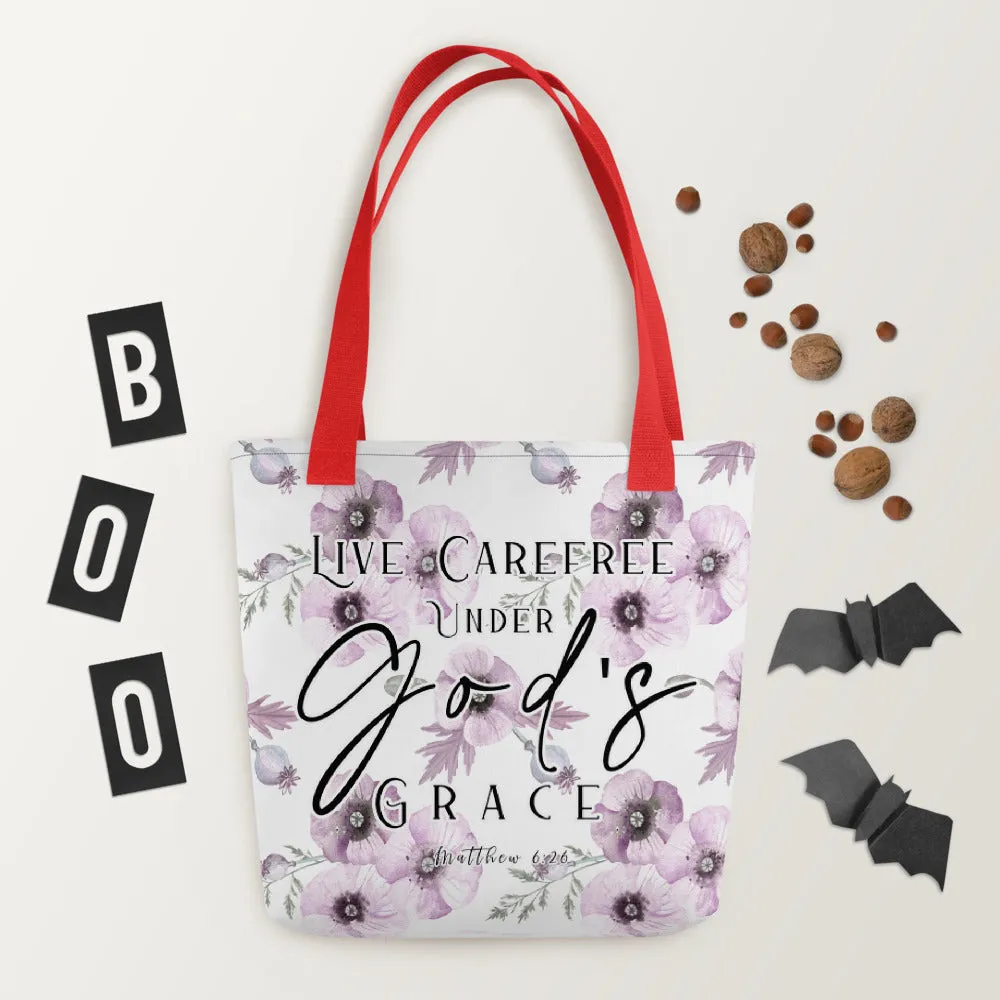 Limited Edition Premium Tote Bag - Live Carefree Under God's Grace (Design: Purple Flower)