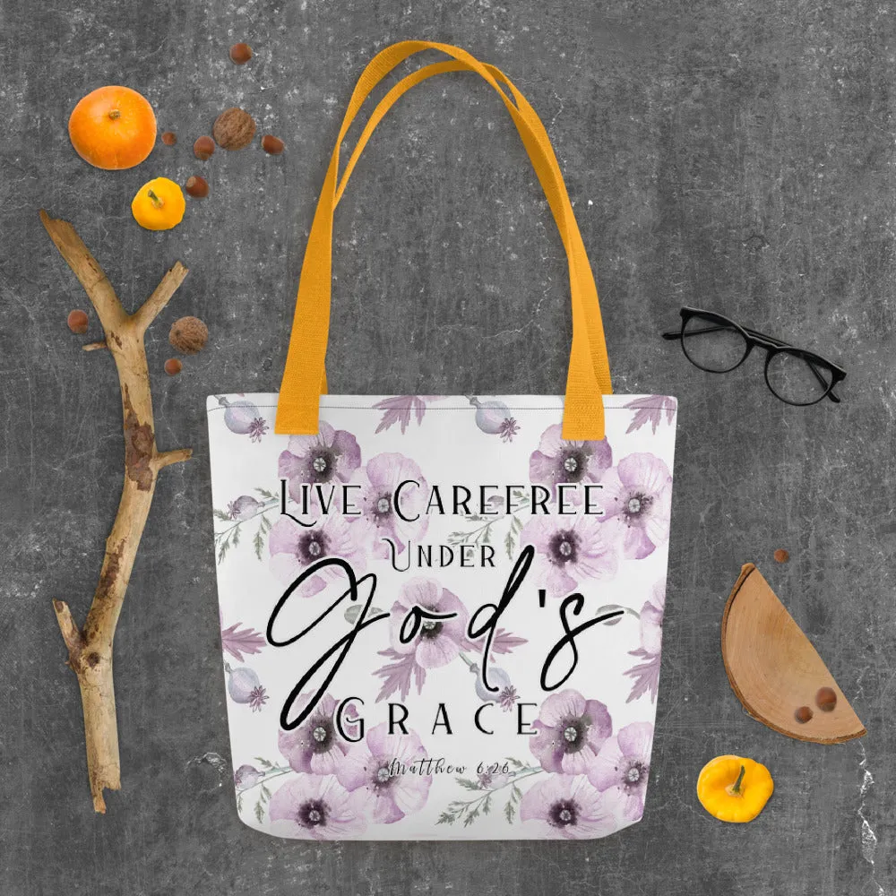 Limited Edition Premium Tote Bag - Live Carefree Under God's Grace (Design: Purple Flower)