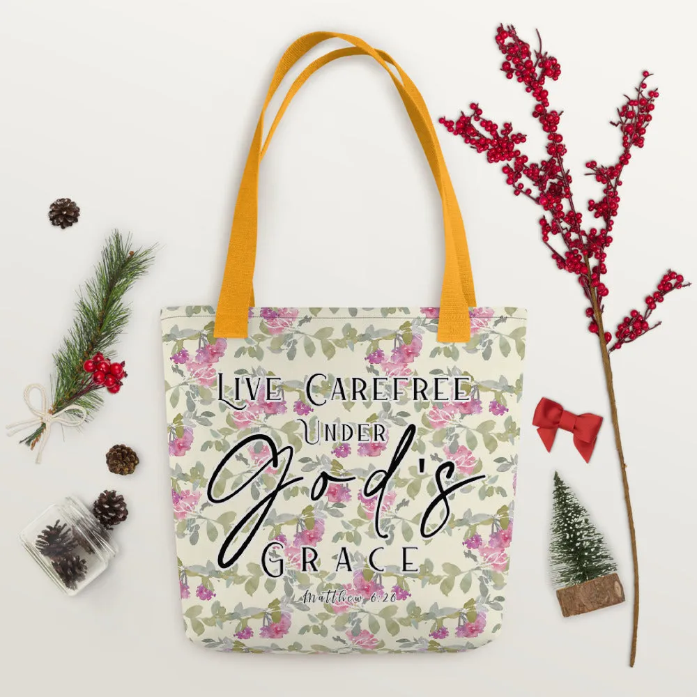 Limited Edition Premium Tote Bag - Live Carefree Under God's Grace (Design: Red Floral)