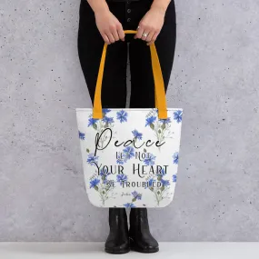 Limited Edition Premium Tote Bag - Peace Let Not Your Heart Be Troubled (Design: Blue Floral)