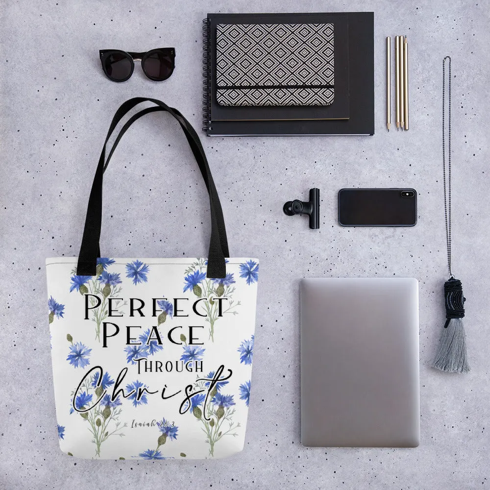 Limited Edition Premium Tote Bag - Perfect Peace Through Christ (Design: Blue Floral)