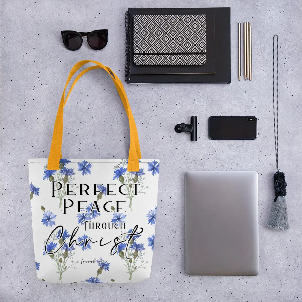 Limited Edition Premium Tote Bag - Perfect Peace Through Christ (Design: Blue Floral)