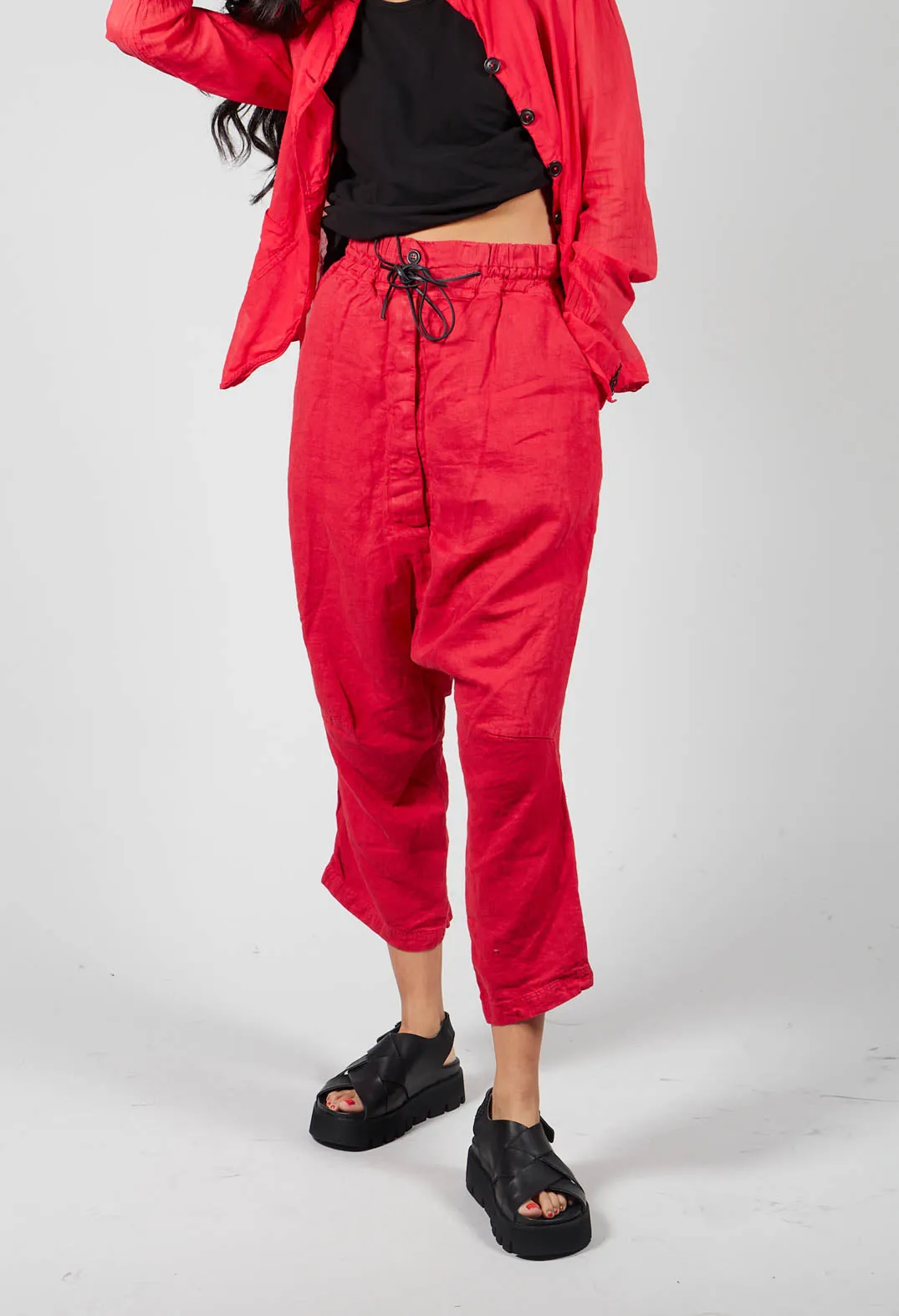 Linen Drop Crotch Trousers in Red