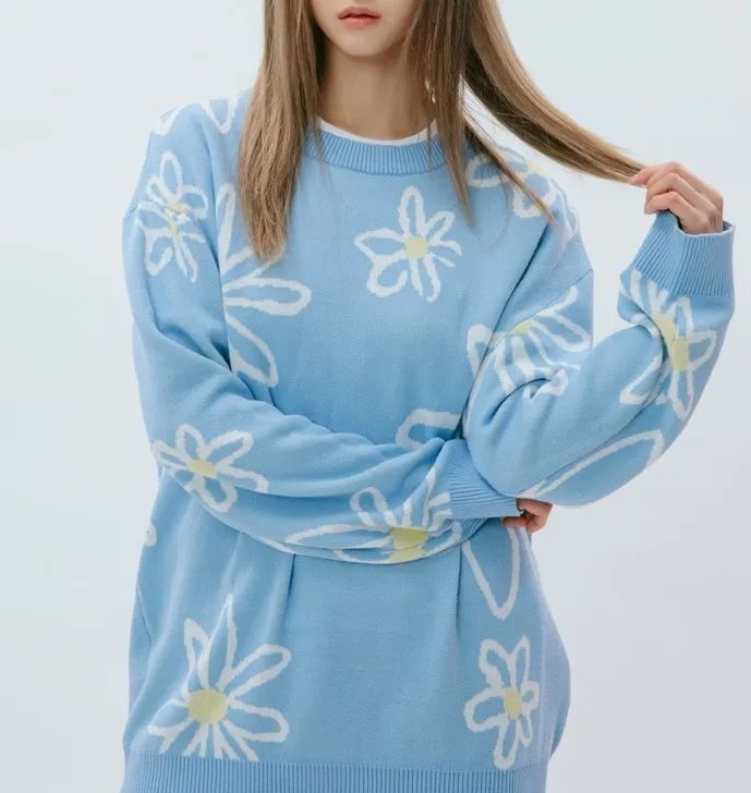 MARKM  |Crew Neck Flower Patterns Unisex Long Sleeves Cotton Medium